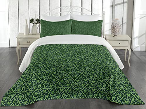 Ambesonne Irish Coverlet, National Foliage Pattern Intricate Twigs and Dots Trefoil Botanical Abstraction, 2 Piece Decorative Quilted Bedspread Set with 1 Pillow Sham, Twin Size, Lime Green