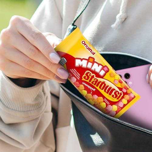 Image of STARBURST Minis Original Candy Fruit Chews,1.85 oz, 24 Pk Snacks Bulk | School lunches treat, mini candy fruit chews candy, strawberry, cherry, orange, lemon flavor candies, snack packs gluten free