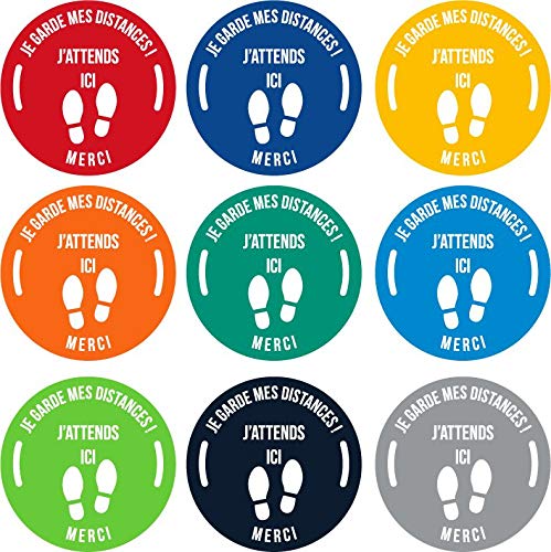 Lot de 9 Autocollant stickers signalétique stop covid sol antidérapant - respect des distances - format 20x20cm - 9 couleurs