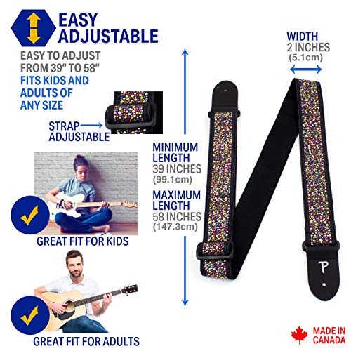 Perri’s Leathers Ltd. - Guitar Strap – Nylon - Jacquard – Multi-Coloured Rhinestones - Black - Adjustable - For Acoustic / Bass / Electric Guitars - Made In Canada (Twsr-7108) #TOP1