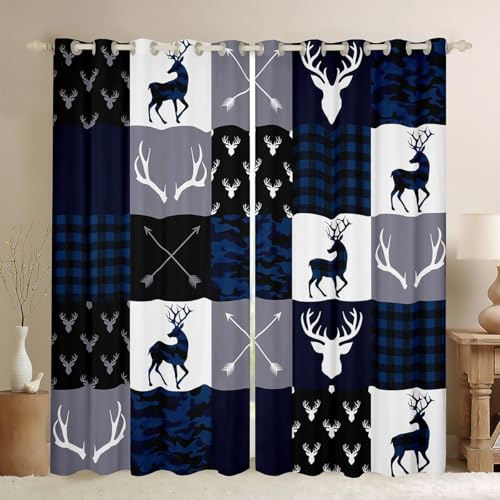 Image of Camo Deer Antlers Window Curtains,Geometric Plaid Patchwork Window Drapes for Kids Teens Girls Boys,Boho Arrow Xmas Blue Grey Window Treatments Grommet Top 2 Panel Set Bedroom Curtains,42Wx63L inch