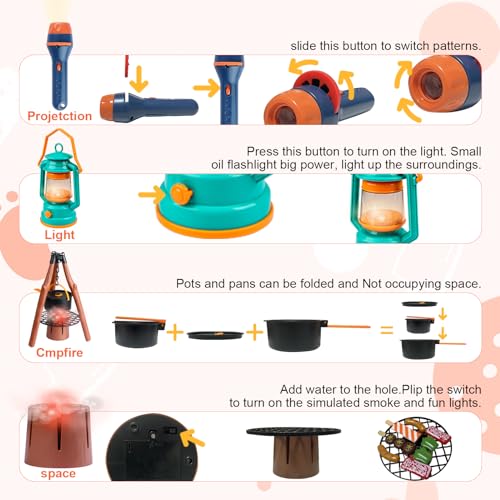 Qtioucp LY78 Kids Camping Set 50Pcs With Tent & Space Projector Flashlight- Outdoor Campfire Toy Set For Toddlers Kids - Pretend Play Camp Gear Tools thumb #3