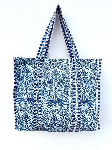 Image of Quilted Cotton Hand printed Reversible Large multicolor cotton Tote Bag,Indian Handmade Block Printed Tote Bag Women Handbag