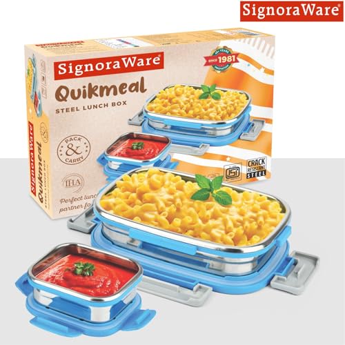 Image of SignoraWare Quickmeal Stainless Steel Small Lunch Box | Airtight & Leakproof | Portion Control | Easy to Carry | Ideal for Office, School, Kids & Travel (650ml + 130ml | TBlue)