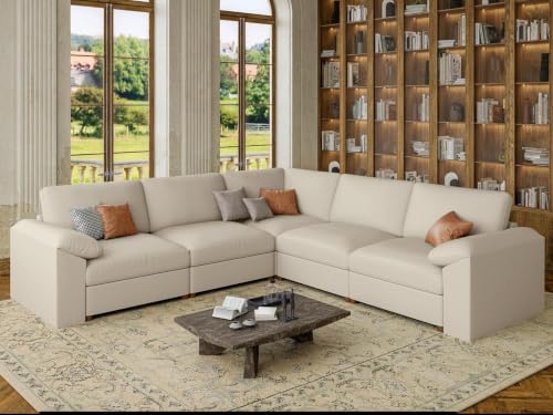 Image of EASE MOOSE Modular Sectional Sofa, L Shaped Leather Sectional Couch, Beige | Pet-Friendly Faux Leather, Wide Deep Seat, Removable Covers, Solid Wood Frame, Easy Assembly, Scratch Resistant