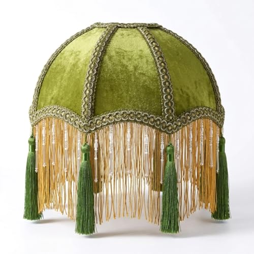9.8 Inch vintage Lampshade With Olive Green Velvet Tassel Victorian Fringe Lamp Shade with Beads Handmade Scallop Bell-Shaped Replacement Shade E26/E27 bulb base for Table Lamp and Wall Lamp(1 Pack)