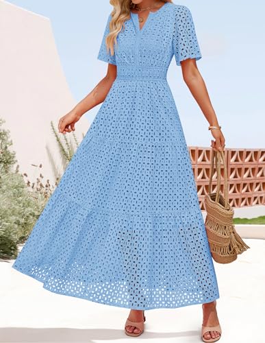 Image of ZESICA Women's 2026 Summer Short Sleeve Maxi Dress Casual V Neck Hollow Out Eyelet Ruffle Swing A Line Long Dresses