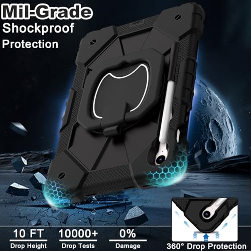 WESOROL Case for Samsung Galaxy Tab S10 Lite/S10 FE/S9 FE/S9 10.9/11 Inch (2025/2023), Shockproof Galaxy Tab S9 Tablet Case with Rotating Stand Screen Protector Pencil Holder Shoulder Strap,Black