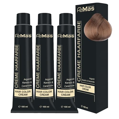 FemMas Tinte para el cabello 3 x rubio claro 8 I Crema profesional tinte para el cabello con aceite de argán, queratina y ceramidas, como coloración permanente o tinte para resultados de color