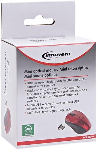 Miniatura 6 de Innovera Mini ratón óptico inalámbrico, frecuencia de 2.4 GHzrango inalámbrico de 30 pies, uso de mano izquierdaderecha, rojonegro