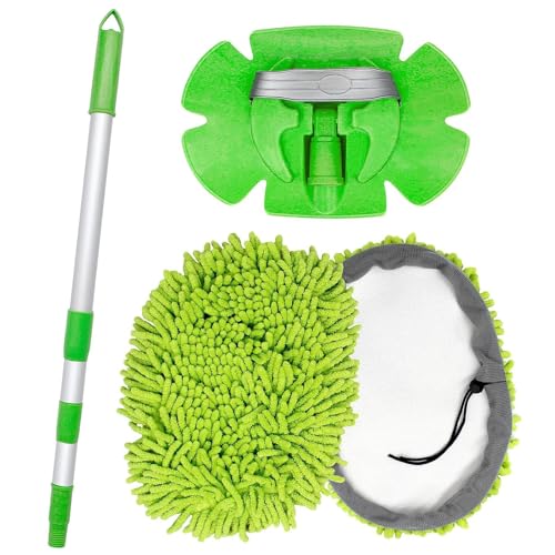 Image of 47 inch Car Wash Brush Mop Cleaning Tool with Long Handle Kit for Washing Detail Car Truck, SUV, RV, Trailer, Boat 2 in 1 Chenille Microfiber Sponge Duster, Paint Scratch Free