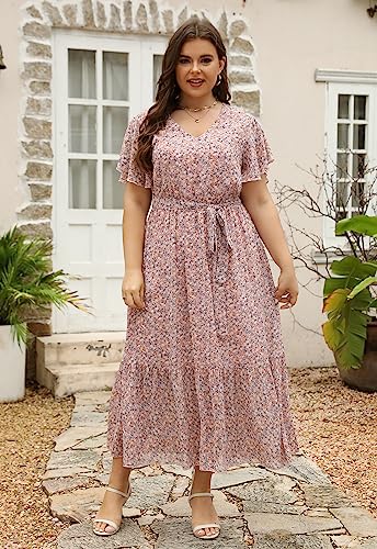 Image of Nemidor Plus Size Women Casual Maxi Dresses Print Bobo Belted Layered Chiffon Summer Long Dress with Ruffle Sleeve