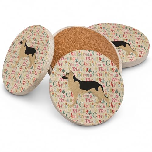 Caroline's Treasures German Shepherd Merry Christmas Large Sandstone Coasters Pack of 4 Absorbent Round Coasters Decor Gifts for Men or Women, 4 in, Multicolor