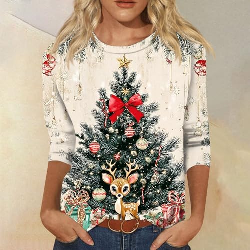 Christmas Shirts for Women Cute Xmas Print 3/4 Sleeve Funny Holiday Tops | Christmas Tree Graphic Tee 3/4 Sleeve Crew Neck Tunic Tops Merry Christmas Ugly Shirt Xmas Party Sweater A-Beige L - image 2
