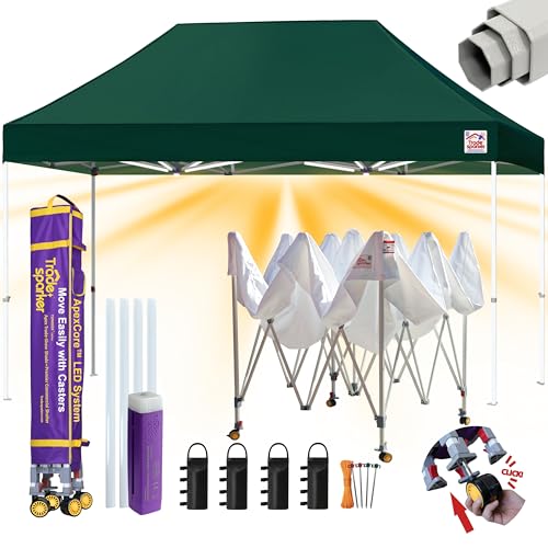 Image of Tradesparker 10x15 Pop Up Canopy Tent,Commercial Movable Canopy with ApexCore LED&Rugged Casters-Instant Easy Setup Shelter Canopies with Weight Bags&Stakes for Outdoor Events Markets,Forest Green