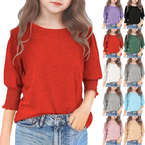 Girls' Fashion Tops 3/4 Sleeve T-Shirts Cute Solid Color Crewneck Basic Casual Tees Loose Fit Summer Blouses Going Out4
