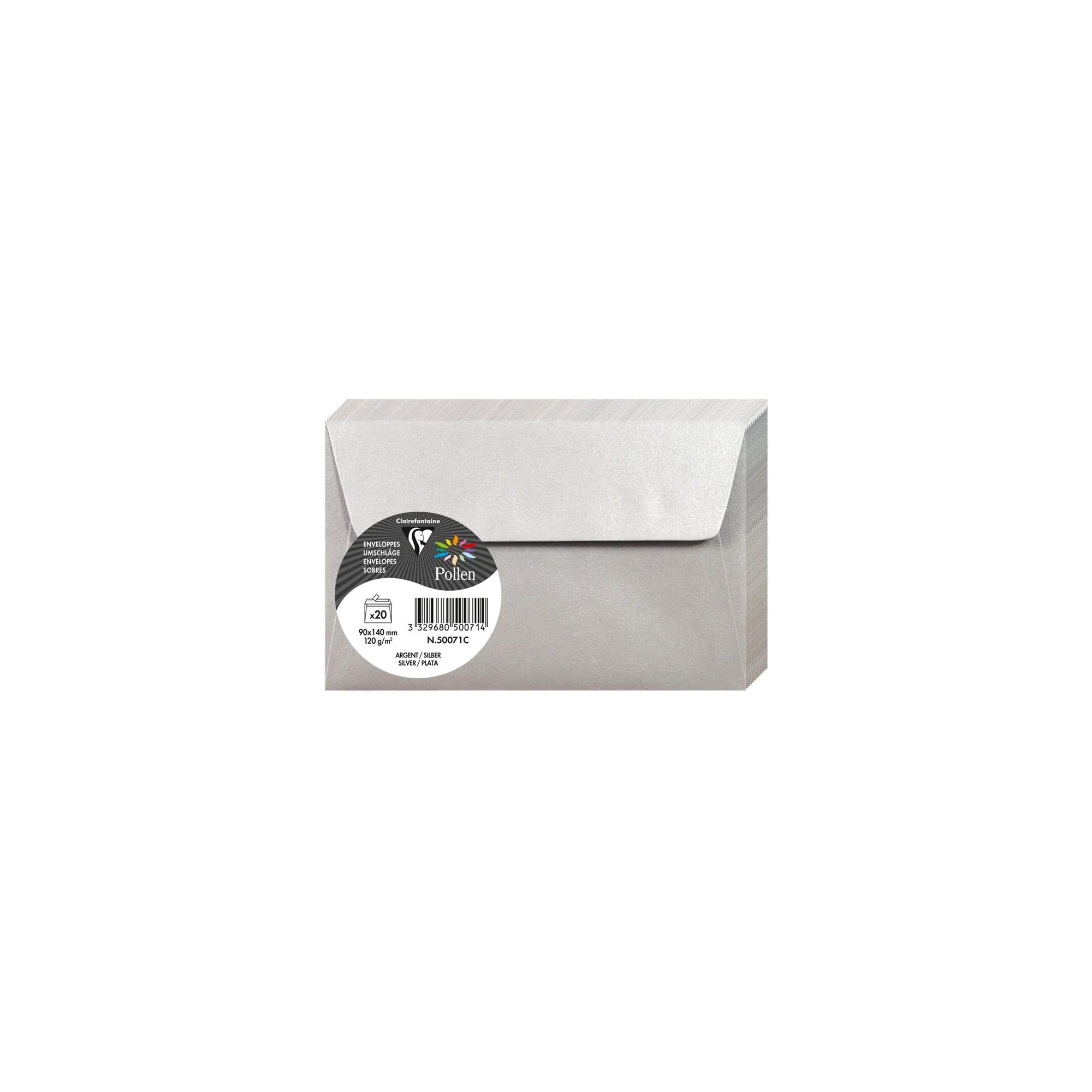 Clairefontaine 50071C - Paquet de 20 Enveloppes Auto-​Adhésives - Format 9x14cm - 120g/​m² - Coloris Argent - Invitation Evènements et Correspondance - Gamme Pollen - Papier Premium Lisse