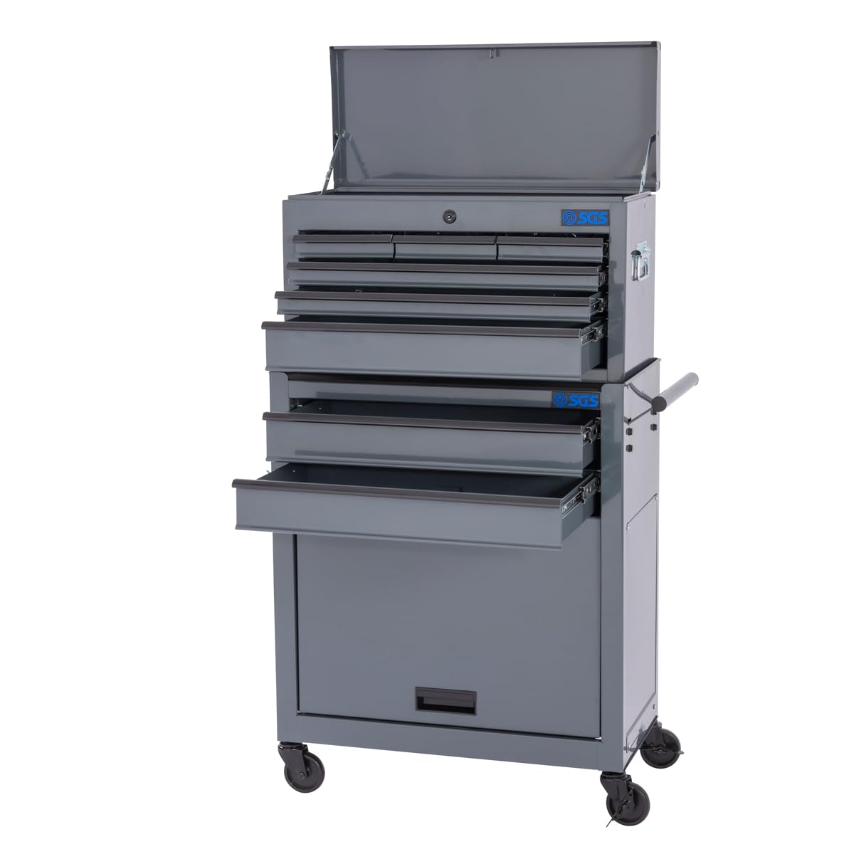 SGS Mechanics 8 Drawer Tool Box Chest w/Roller Cabinet Handles Hooks Tough Grey