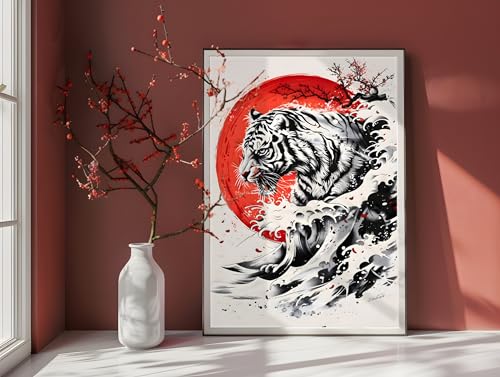 Décoration murale japonaise affiche vague hokusai rouge et noir 50x70