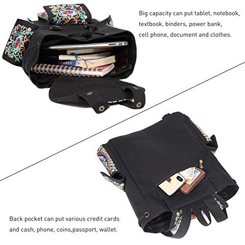 Image of SILKAREA Vintage Embroidered Backpack Purse for Women Handbag Canvas Shoulder Bag Ethnic Boho Travel Backpack (Black S2) Large
