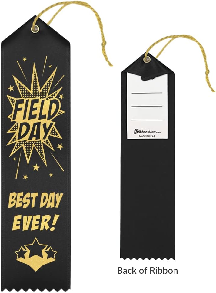 RibbonsNow School Field Day Ribbons - Best Day Ever! – 200 Total Ribbons: 50 Each of Hot Orange, Bright Blue, Hot Yellow, and Black with Card & String