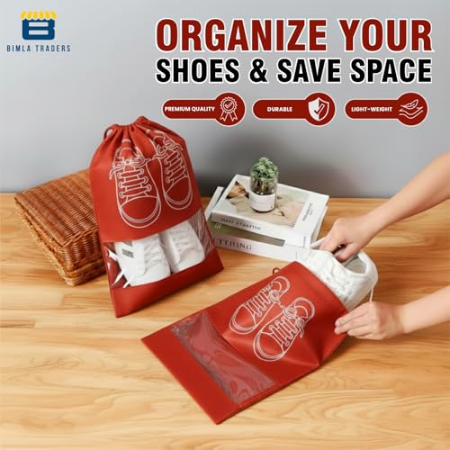 Image of Btag Shoe Bag for Travel & Storage | Water-Resistant Shoe Organizer for Men & Women | Portable, Foldable Shoe Cover for Luggage & Closet | Travel Accessories for Footwear Protection (Red,Pack of 12)