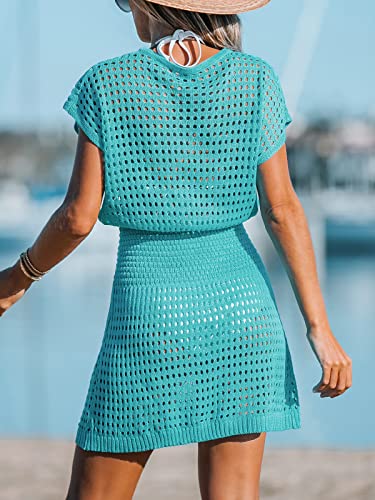 Image of CUPSHE Women Crochet Swim Cover Up Short Sleeve V Neck Bathing Suit Beach Dress Summer Swimwear Coverups