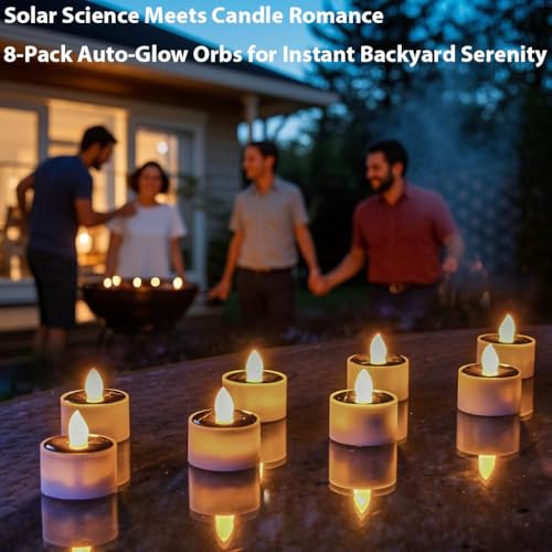 Solar Tea Lights Outdoor Waterproof, 8pcs Rechargeable Dusk to Dawn Little Solar Votive Candles, Flameless Flickering Small Light for Lantern Window DIY Chandelier Patio Deck Garden Decor (Warm Amber)