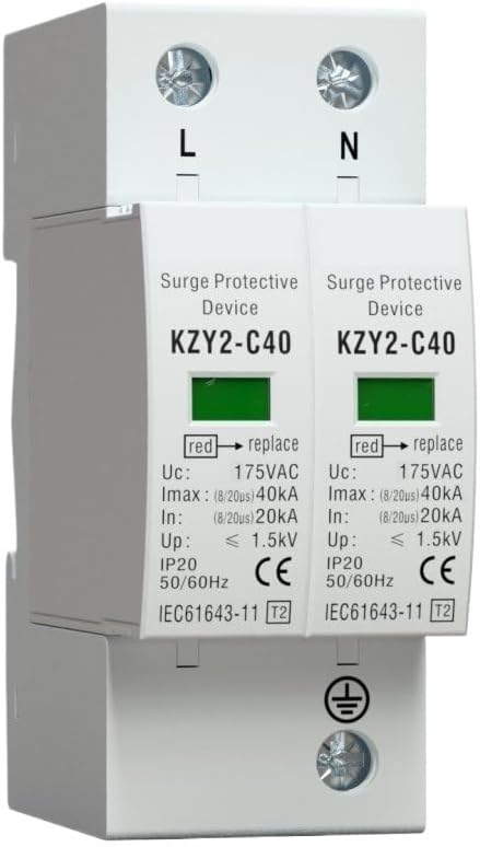 1P 2P AC 120V 175V 20KA-40KA Lightning Protector Surge Protective Device SPD with PE House Safety Electricity Protector(2P 120V)