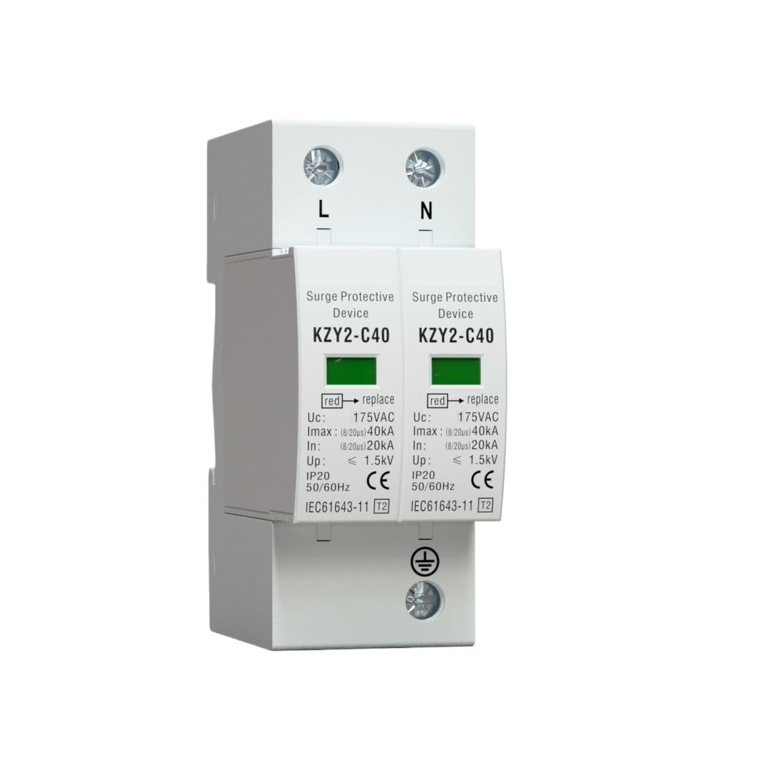 1P 2P AC 120V 175V 20KA-40KA Lightning Protector Surge Protective Device SPD with PE House Safety Electricity Protector(2P 175V)