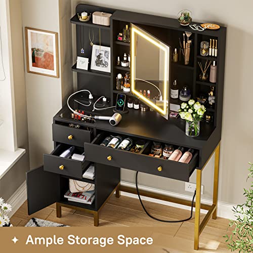 Viagdo Makeup Vanity With Lights, Vanity Desk With Openable Mirror & 3-Color Dimmable, Black Vanity Table With Charging Station, Makeup Desk With Visual Drawer, Hooks, Hidden And Open Storage Shelves #TOP1