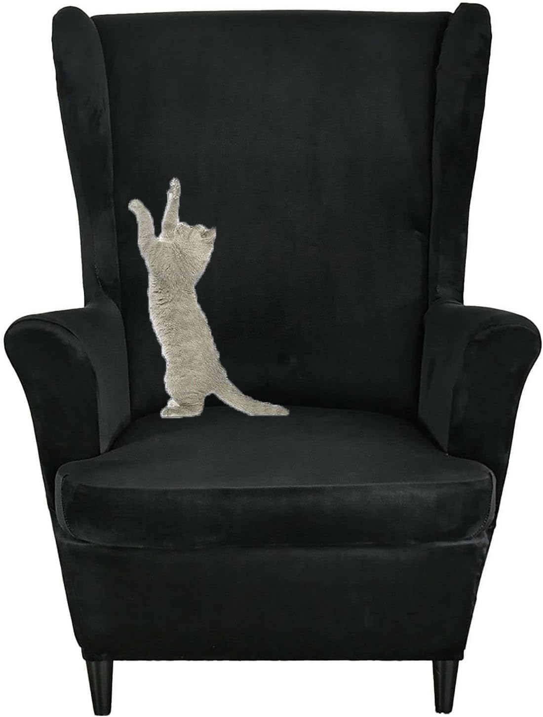 HACLEN Velvet Wingback Chair Cover 2 Pieces, Wingback Armchair Slipcover Stretch Wing Chair Cover Removable for Living Room (Black,one size)