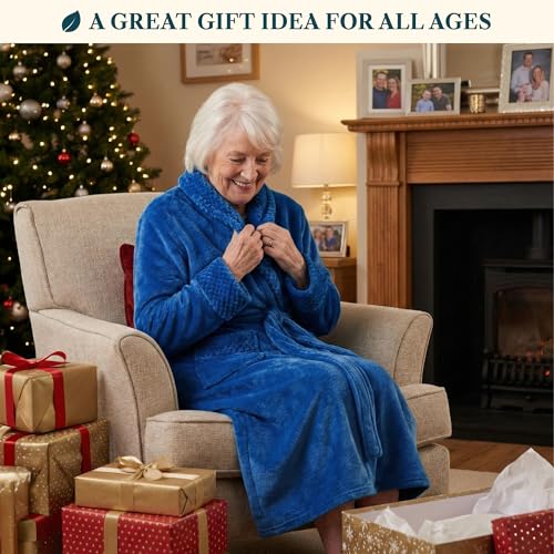 Image of PAVILIA Women's Plush Fleece Robe, Soft Cozy Long Bathrobe with Satin Waffle Trim, Warm Lightweight, Pockets & Tie Belt