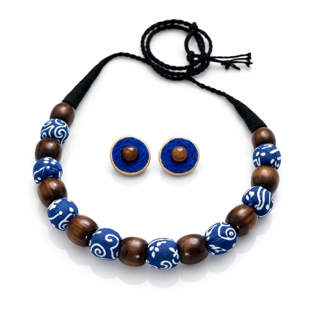 AZURE ROOT A 16 mm Wooden bead, fabric bead, handcrafted Necklace set, eco‑friendly accessories, ethnic earrings, sustainable fashion, adjustable dori necklace, handmade jewellery India, boho chic, artisan crafted.-image-33