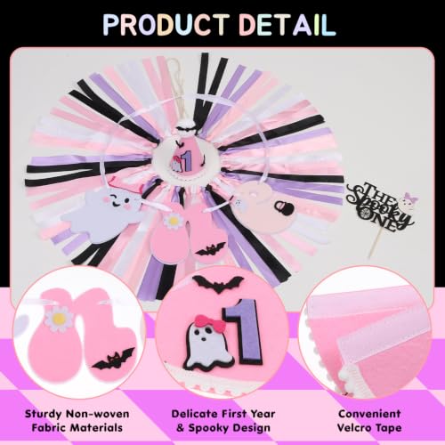 Image of Spooky One High Chair Banner for Halloween First Birthday Party Decorations | Pink Ghost Hallow-One Birthday High Chair Fabric Banner for Girls 1st Boo Day High Chair Banner for Backdrop Decorations