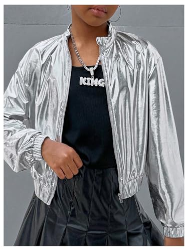 Verdusa Girl's Metallic Zip Up Jacket Mock Neck Long Sleeve Drop Shoulder Jacket Outerwear3