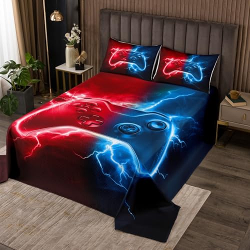 Manfei Video Games Bedspread King Size, Red and Blue Gamepad Coverlet Set 3pcs, Modern Gamer Gaming Quilted Coverlet with 2 Pillowcases, Kids Boys Teens Room Decor, Soft Bedding Quilt
