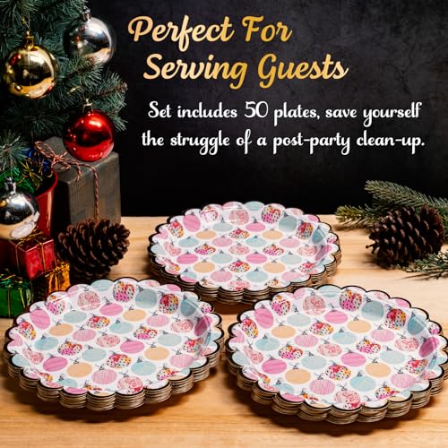Image of Confettiville Christmas Paper Plates, 50-Count Disposable Christmas Dinner Plates, Scalloped Gold, Party Supplies