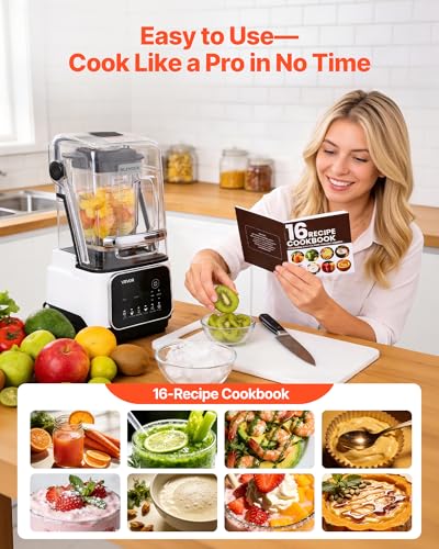 Image of VEVOR Blender, 68 oz Professional Countertop Blenders with Shield, 1400W 26000RPM Kitchen Food Processor Combo, Self-Cleaning, Speed Adjustable, 6 Preset Menu for Smoothies, Ice Crushing, Puree, White