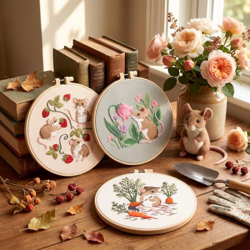 Image of Mindsoft 3 Set Needlepoint Kit for Beginners with Hoop,Garden Mouse | Bamboo Hoop Thread Needles Instructions, Easy Hand Embroidery for Beginners Home Crafts,Pre-stamped Funny Cute Designs