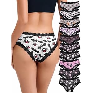 Morvia Women's Gothic Halloween Hipster Panties, Black Lace Trim, 10 Pack Spooky Pattern Collection with Bats, Skulls Medium 10pcs Gothic