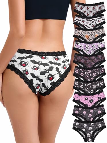 Morvia Damen Gothic Halloween Hipster Höschen Schwarz Spitzenbesatz 10er Pack Gruselige Muster Kollektion mit Fledermäusen Totenköpfen 10 Stück Gothic M