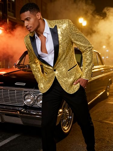 Image of Barry.Wang Mens Sequins Blazer Sparkle Dress Suit Jacket Cocktails Shiny Metallic Disco Dance Party Tuxedo Homecoming
