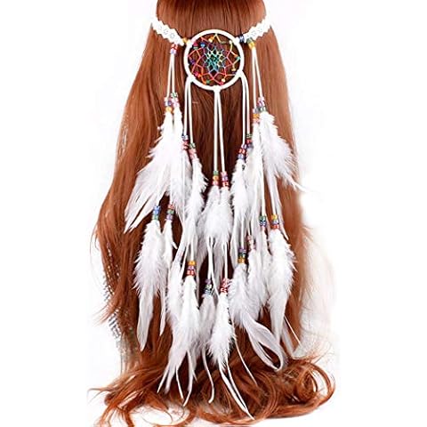 Fashband Dreamcatcher White Feather Headband Festival Dream Catcher Hair Piece Boho Wedding Fairy Headdress Tribal Feather Headpiece Indian Hair Accessories for Women and Girls Cover