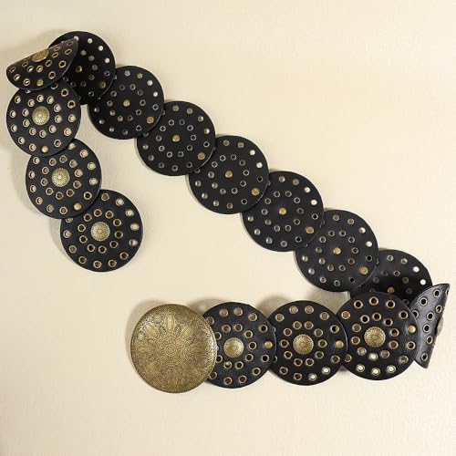Western-Wide-Disc-Belt for Womens - Boho-Chunky Concho PU-Leather Belt for Dress Jeans4