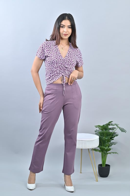 Image of Mlada Straight Fit Cigarette Pencil Pants Elastic Waist Band Mid High Waist Formal Office Trousers for Women, Pockets for Travel Stretch Cotton Knit Full Length Regular /Plus Size