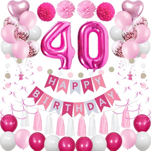 Sweet 40th Birthday Decorations for Women - Pink and White Balloons, Party Supplies Including Happy Birthday Banner, Hot Pink Number 40 Foil Balloons