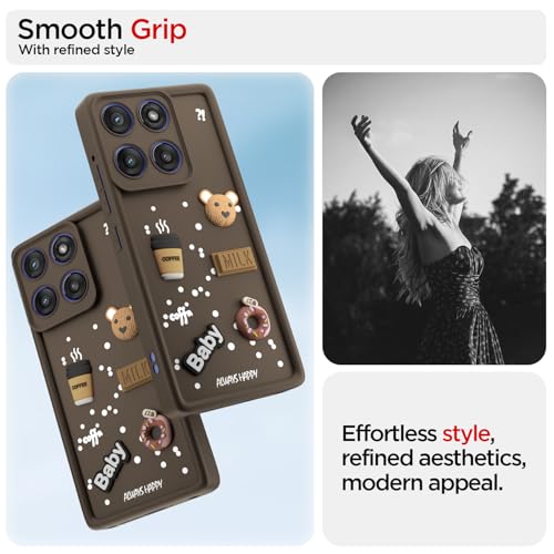 Image of Pikkme Back Cover for Motorola Moto Edge 60 Stylus 5G | 3D Bear Silicone Cute & Fun Coffee Cartoon | Full Body Protection Bumper Case (Brown)