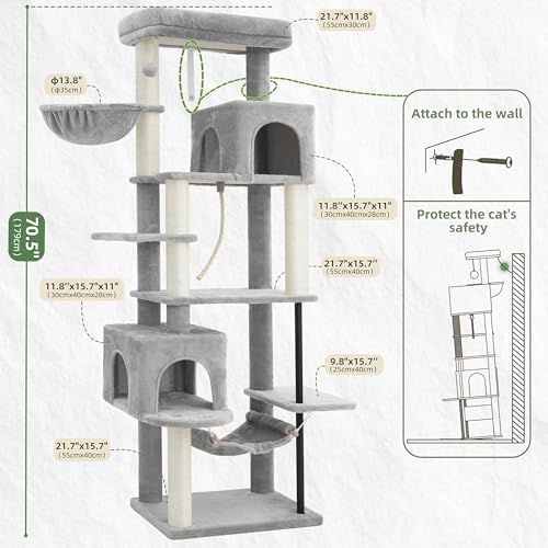 Image of Gitelsnour Cat Tree, Cat Tower with Sturdy Steel Tube, Large Perch GCT024W | 70.5'' Cat Furniture with Scratching Post, Hammock, Basket and Big Platform for Indoor Cats Large Adult, Light Gray