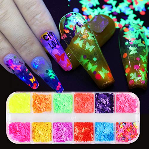 12 Colors Nail Glitter Sequins Luminous Butterfly Nail Art Stickers Supply 3D Holographic Acrylic Nail Polish Colorful Luminous Butterfly Flakes Nail Design Manicure Tip Christmas Nail Decorations